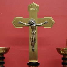 Load image into Gallery viewer, A Set of Three Church Candle Holders and Crucifix, Brass and Ebonised Timber. B11677
