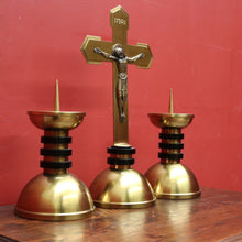 Load image into Gallery viewer, A Set of Three Church Candle Holders and Crucifix, Brass and Ebonised Timber. B11677
