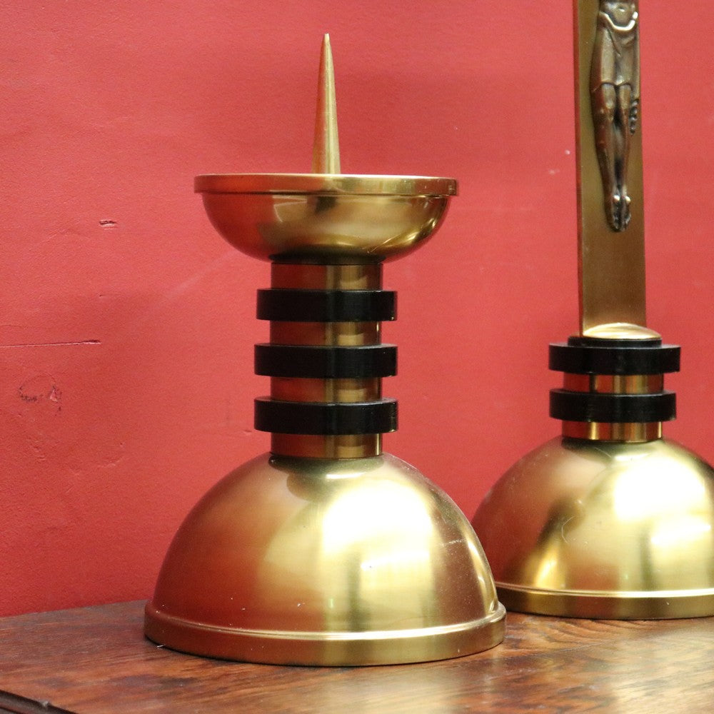 A Set of Three Church Candle Holders and Crucifix, Brass and Ebonised –  Because Antiques & Interiors
