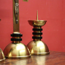 Load image into Gallery viewer, A Set of Three Church Candle Holders and Crucifix, Brass and Ebonised Timber. B11677
