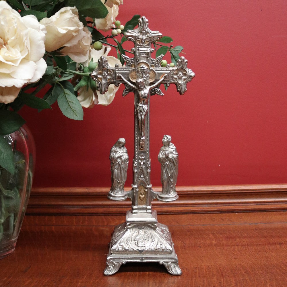 x SOLD Antique French Crucifix, Silver Plate Home Worship Christ on Cross, Jesus Figural. Religion. B11532