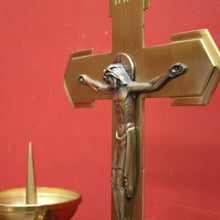 Load image into Gallery viewer, A Set of Three Church Candle Holders and Crucifix, Brass and Ebonised Timber. B11677
