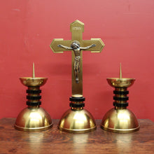 Load image into Gallery viewer, A Set of Three Church Candle Holders and Crucifix, Brass and Ebonised Timber. B11677
