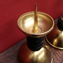 Load image into Gallery viewer, A Set of Three Church Candle Holders and Crucifix, Brass and Ebonised Timber. B11677
