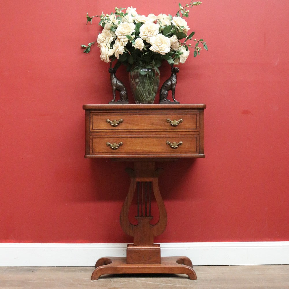 x SOLD Antique French Two Drawer Hall Table, Side or Lamp Table with Music Lyre Pedestal. B11499