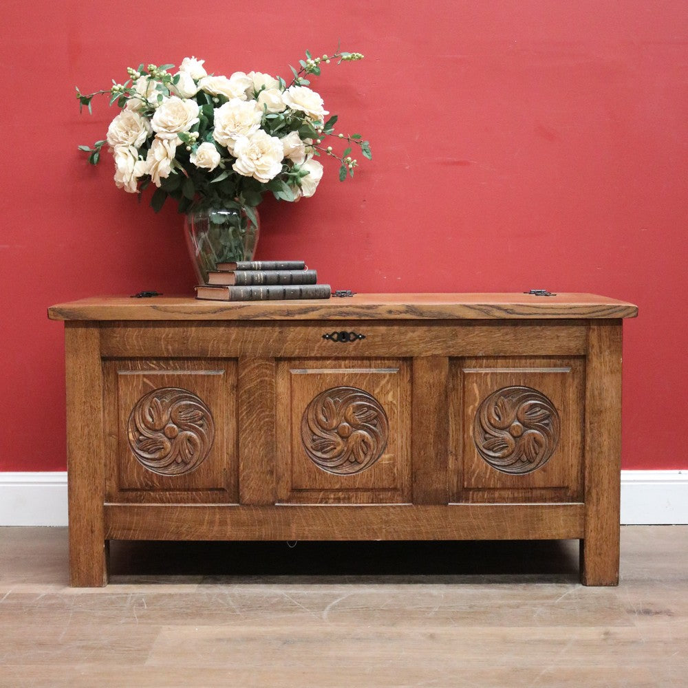 x SOLD Antique French Blanket Box, Oak Coffer or Coffee Table with Carved Detail. B11626