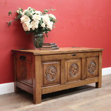 Load image into Gallery viewer, x SOLD Antique French Blanket Box, Oak Coffer or Coffee Table with Carved Detail. B11626
