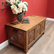 Load image into Gallery viewer, x SOLD Antique French Blanket Box, Oak Coffer or Coffee Table with Carved Detail. B11626
