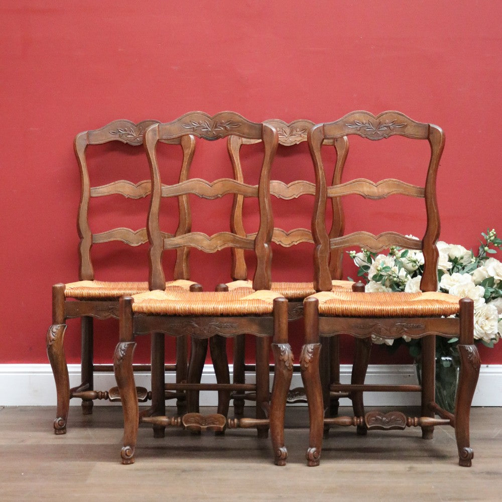 x SOLD Set of 4 Antique French Walnut and Rush Seat Dining or Kitchen Chairs. B11813