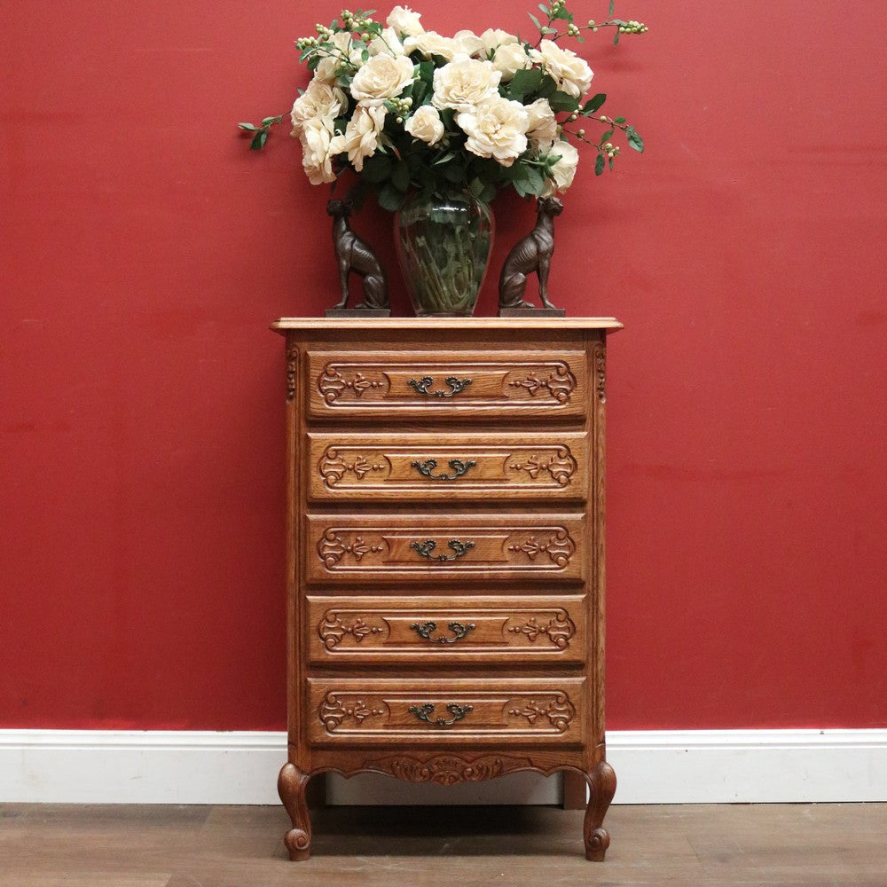 x SOLD French Oak and Brass Handle Five (5) Drawer Chest of Drawers or Lingerie Chest. B11870