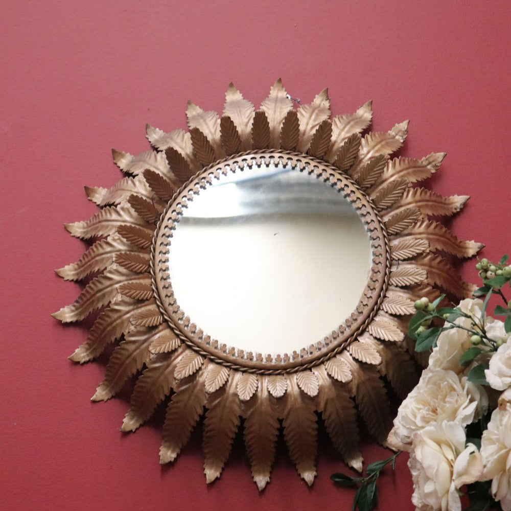 x SOLD A Mid-Century Gilt-coloured Metal and Mirror Sunburst-style Wall Mirror, Leaf Pattern. B11682