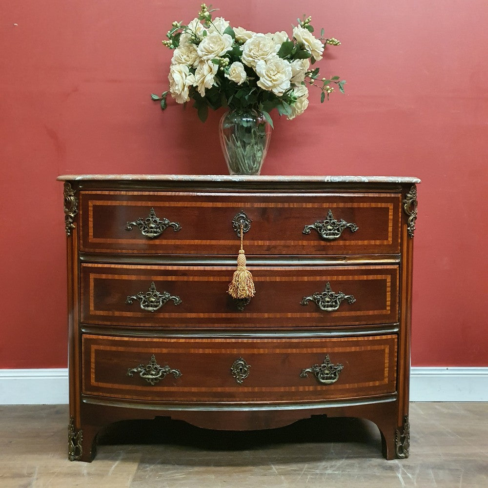 Antique French mahogany Three Drawer Marble Top Chest of Drawers with Brass Detail. B12162