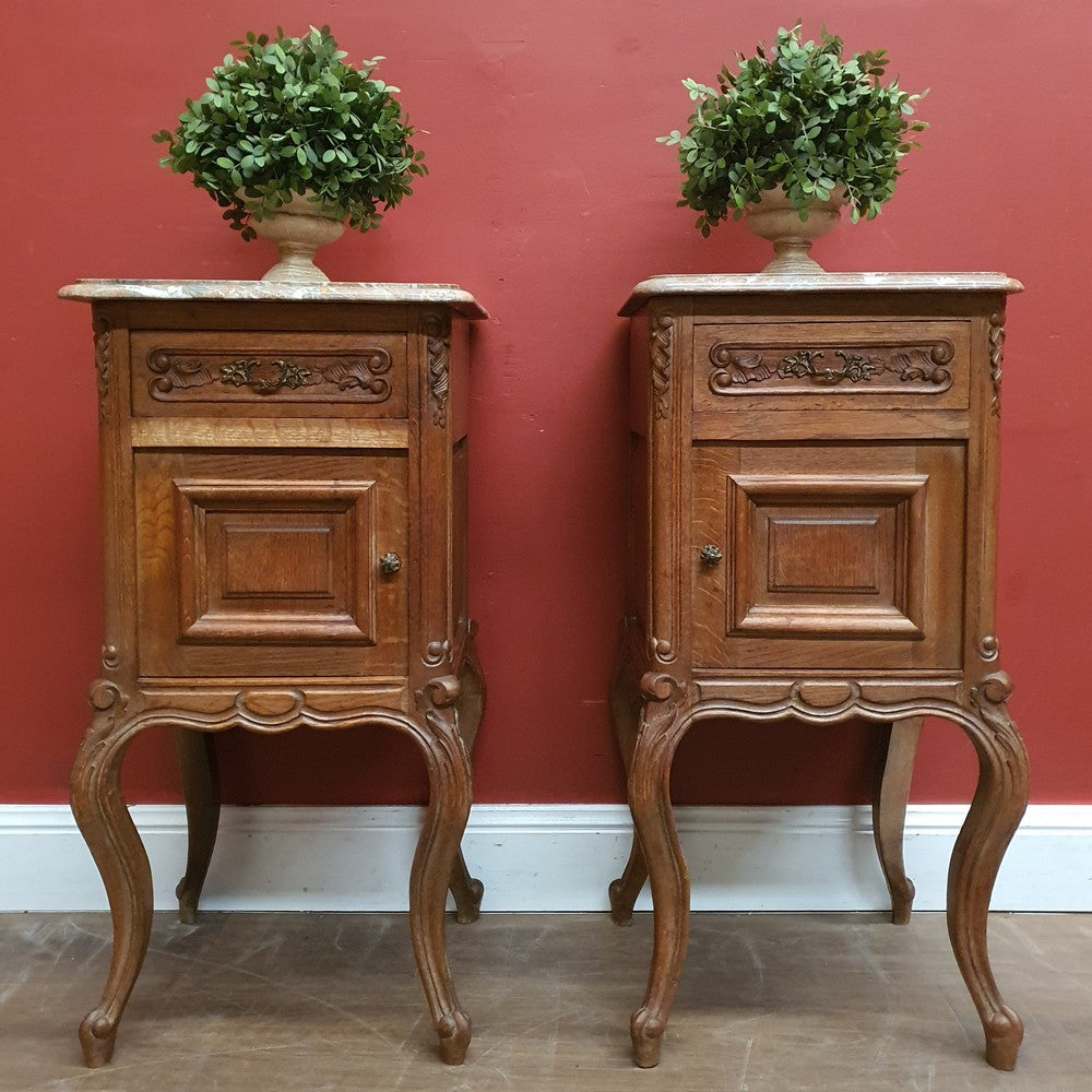 x SOLD A Pair of Antique French Oak and Marble Top Lamp Table or Bedsides. B12086