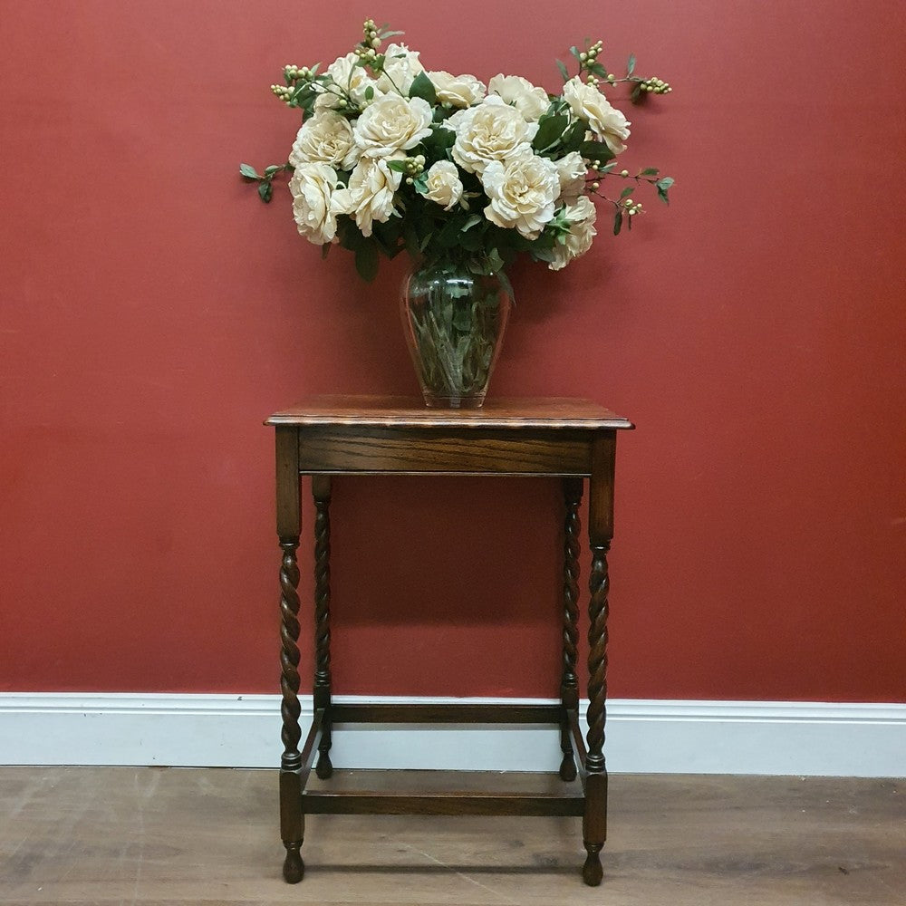 x SOLD Antique English Oak Hall Side or Lamp Table with Barley Twist Legs and a Stretcher Base. B12175