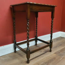 Load image into Gallery viewer, x SOLD Antique English Oak Hall Side or Lamp Table with Barley Twist Legs and a Stretcher Base. B12175
