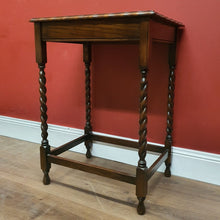 Load image into Gallery viewer, x SOLD Antique English Oak Hall Side or Lamp Table with Barley Twist Legs and a Stretcher Base. B12175
