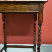 Load image into Gallery viewer, x SOLD Antique English Oak Hall Side or Lamp Table with Barley Twist Legs and a Stretcher Base. B12175
