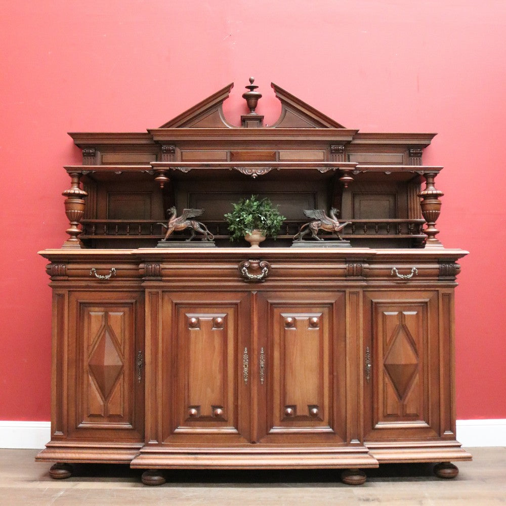 x SOLD Antique French Walnut Breakfront 3 Drawer Sideboard with Carved Backboard. B11930