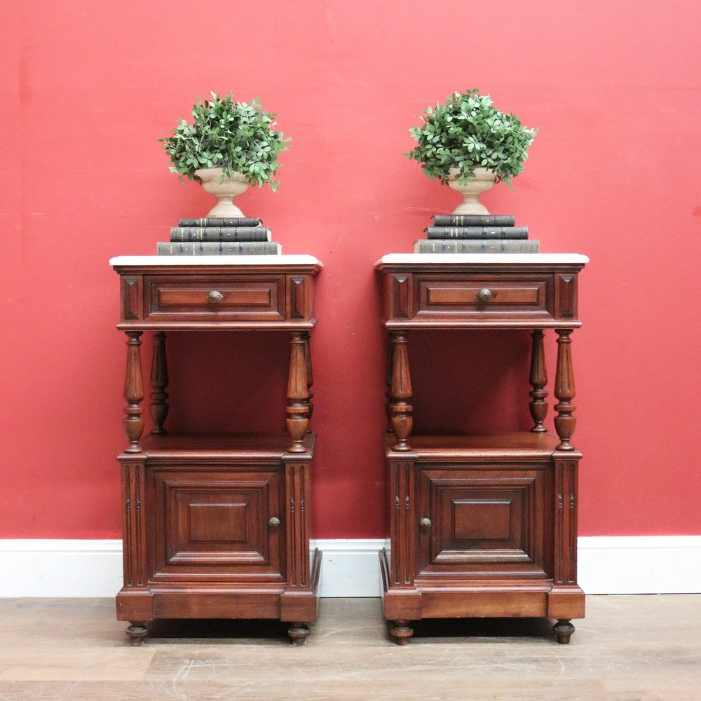 x SOLD Pair of Antique French Bedside Cabinet or Lamp Side Tables with Marble Tops. B11381
