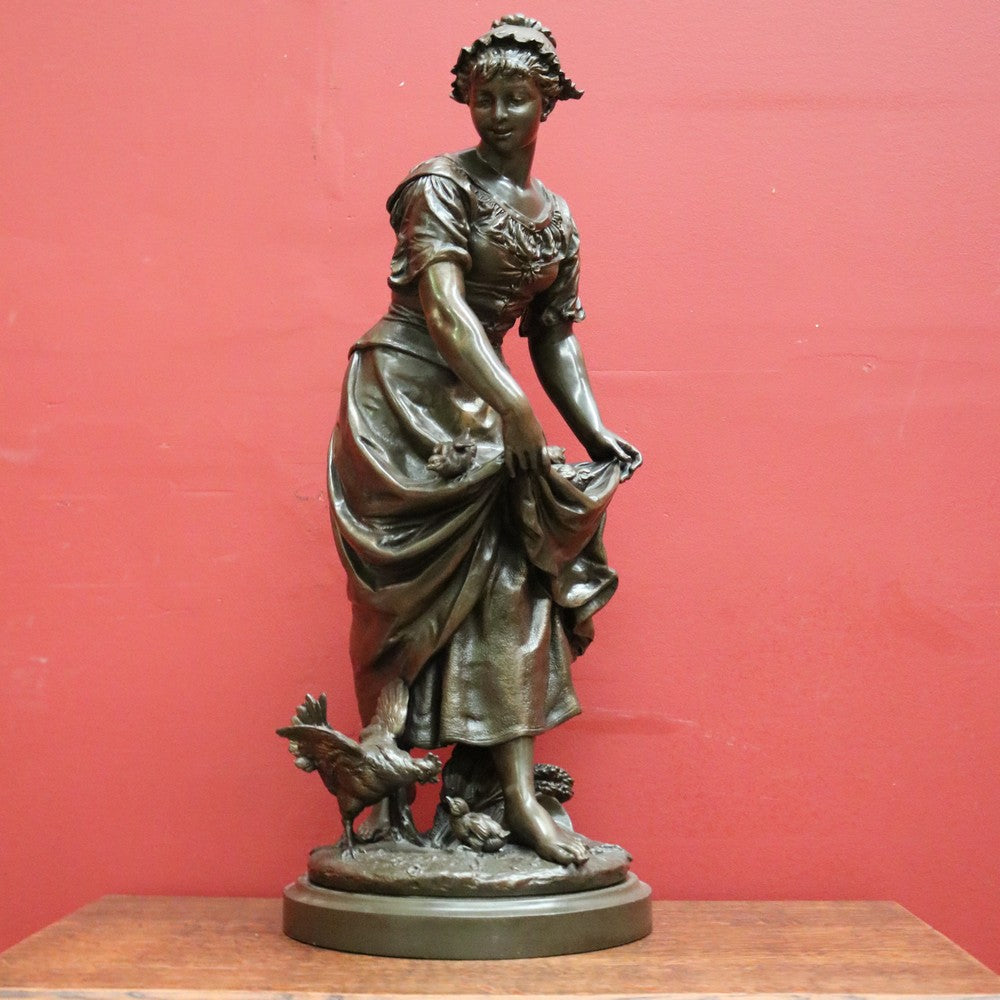 x SOLD Antique French Bronze Spelter Maiden Statue, Gathering Chickens in with Her Dress. B11637