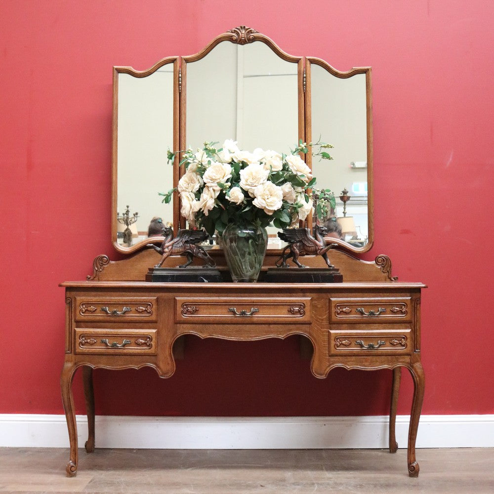 x SOLD French Oak Dressing Table, Mirror Back Five Drawer Desk or Vanity with Mirror. B11472