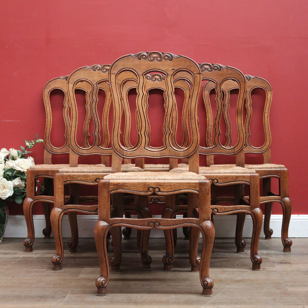 x SOLD A Set of Six Oak and Rush Seat Antique French Chairs, Kitchen or Dining Room. B11549
