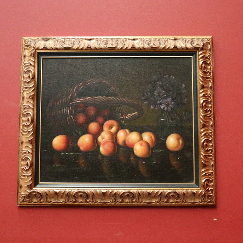 x SOLD Oil on Canvas, Hand-painted Still-life, Peaches, Gilt Frame. Signed to the Bottom Left. B11411