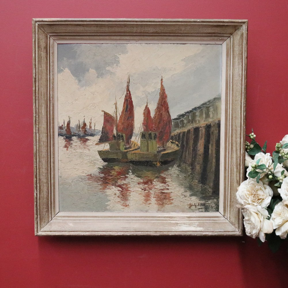 x SOLD Vintage Antique Dutch Painting, Framed Oil on Board, Fishing Boats Ships Docking. B11413