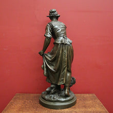 Load image into Gallery viewer, x SOLD Antique French Bronze Spelter Maiden Statue, Gathering Chickens in with Her Dress. B11637
