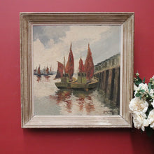 Load image into Gallery viewer, x SOLD Vintage Antique Dutch Painting, Framed Oil on Board, Fishing Boats Ships Docking. B11413
