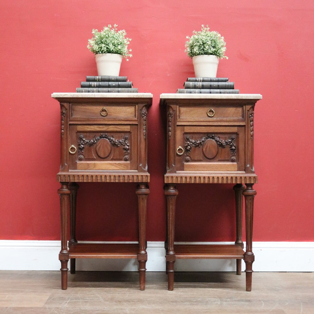 x SOLD Pair of Antique French Lamp Tables, Bedside Cabinets, Marble Top Bedsides. B11525