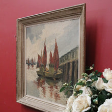 Load image into Gallery viewer, x SOLD Vintage Antique Dutch Painting, Framed Oil on Board, Fishing Boats Ships Docking. B11413
