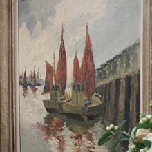 Load image into Gallery viewer, x SOLD Vintage Antique Dutch Painting, Framed Oil on Board, Fishing Boats Ships Docking. B11413
