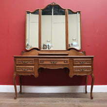 Load image into Gallery viewer, x SOLD French Oak Dressing Table, Mirror Back Five Drawer Desk or Vanity with Mirror. B11472
