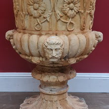 Load image into Gallery viewer, x SOLD A large and grand garden Urn with a repeat egg-and-dart pattern to the rim, detail gadrooning to the base of the bowl with Roman warrior faces.
