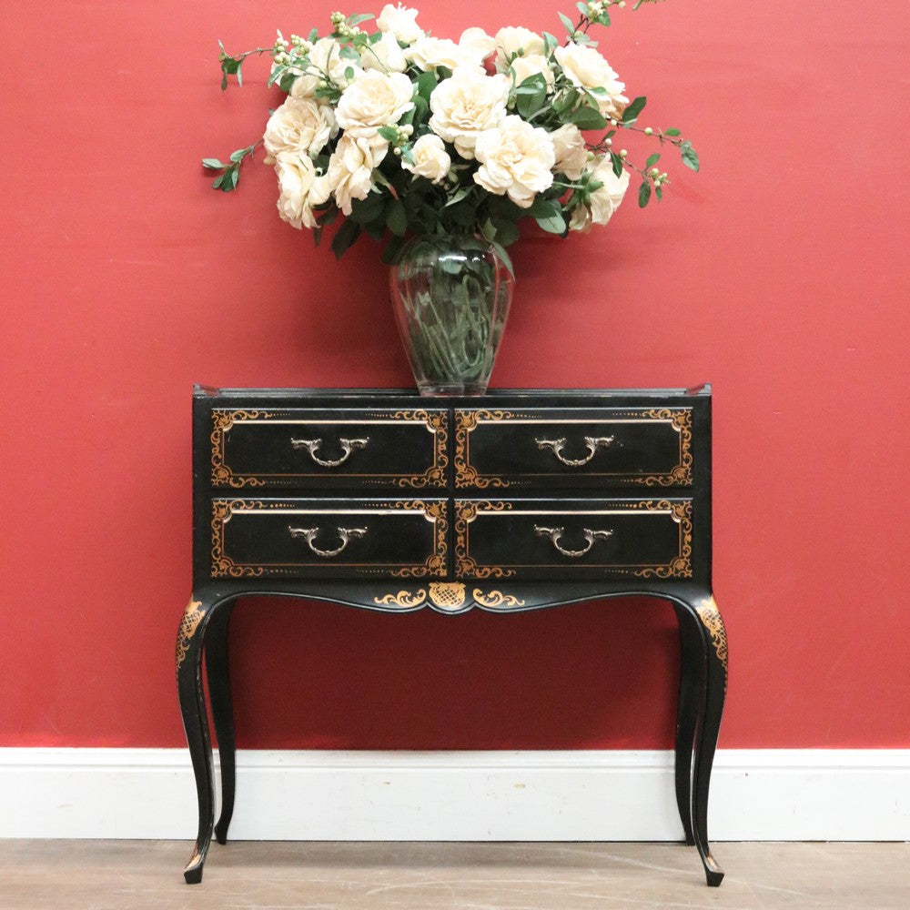 x SOLD Vintage French Black Lacquered Hand Painted Four Drawer Cabinet, Hall Table, Lamp Side Table. B11371