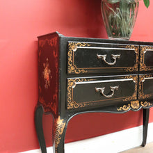 Load image into Gallery viewer, x SOLD Vintage French Black Lacquered Hand Painted Four Drawer Cabinet, Hall Table, Lamp Side Table. B11371
