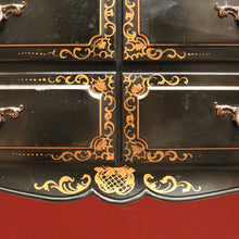 Load image into Gallery viewer, x SOLD Vintage French Black Lacquered Hand Painted Four Drawer Cabinet, Hall Table, Lamp Side Table. B11371
