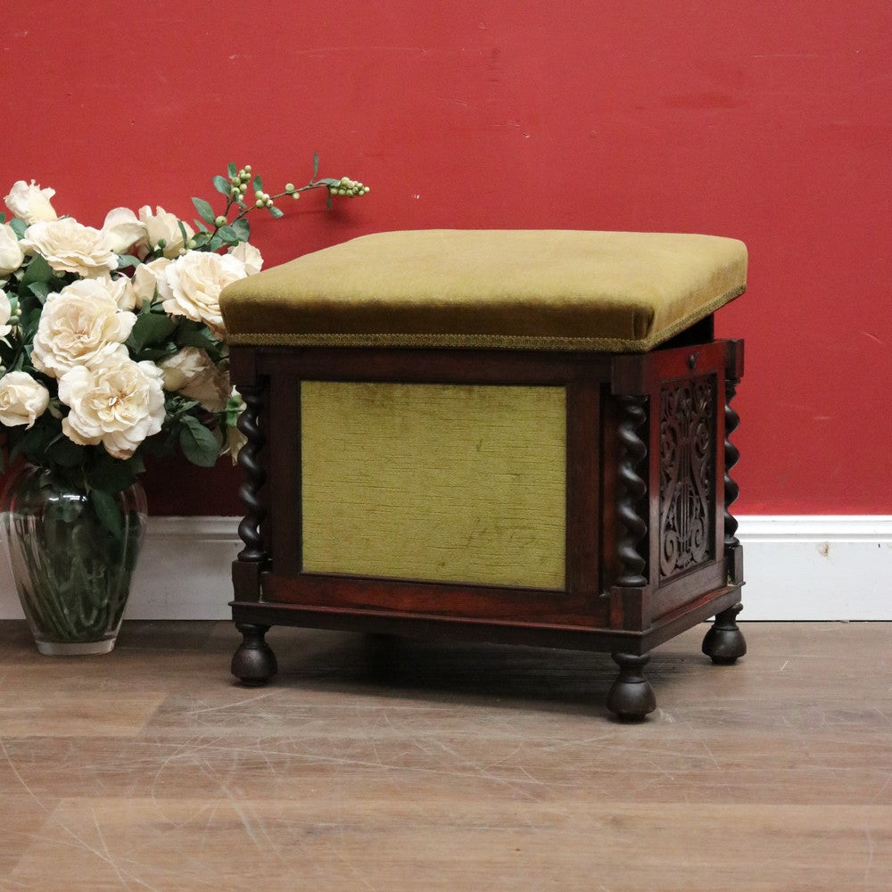 x SOLD Antique English Rosewood and Olive Green Fabric Music Stool or Seat, Tilt Adjustment. B12331