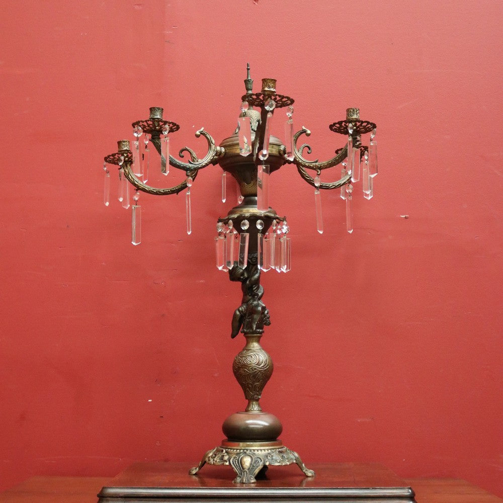 x SOLD Antique French Brass and Copper Six-Branch Candelabra, Glass Lustre Drops. B12369