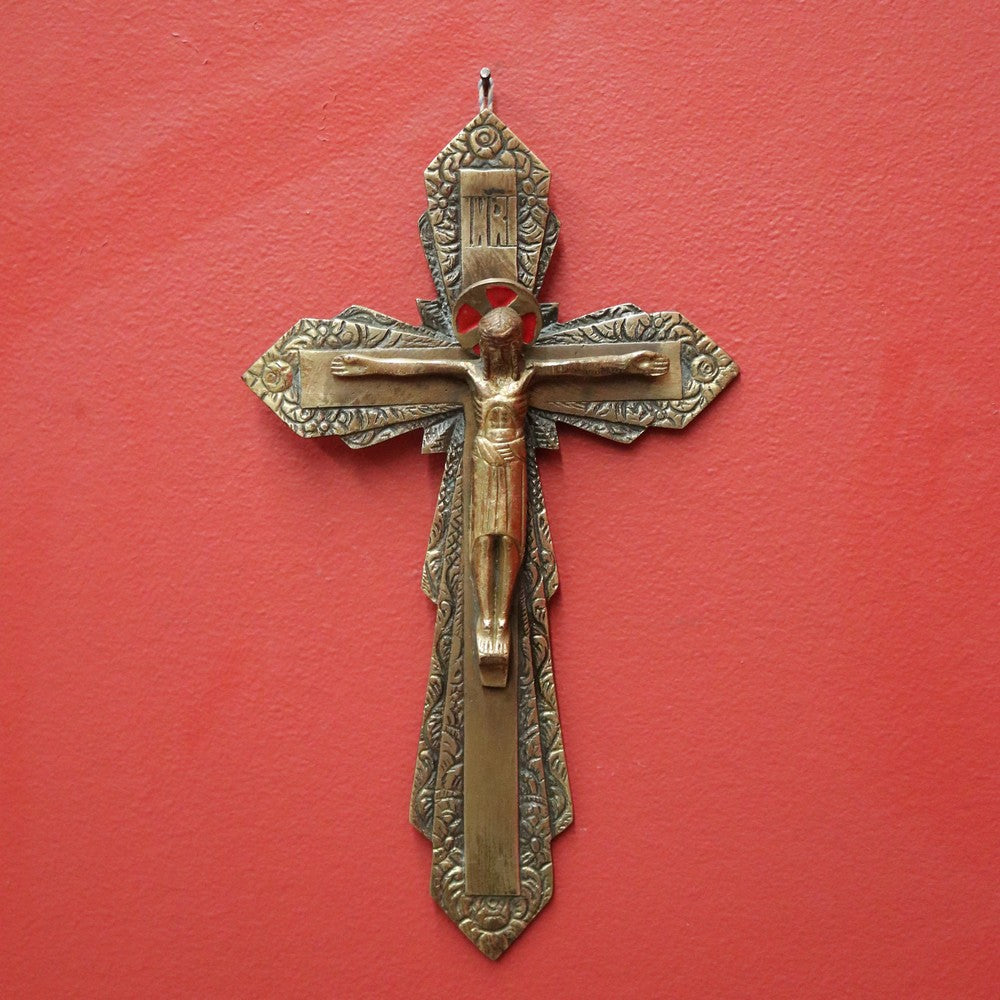 x SOLD Antique French Brass Wall Hanging Crucifix, Christ on the Cross, Home Worship. B11606