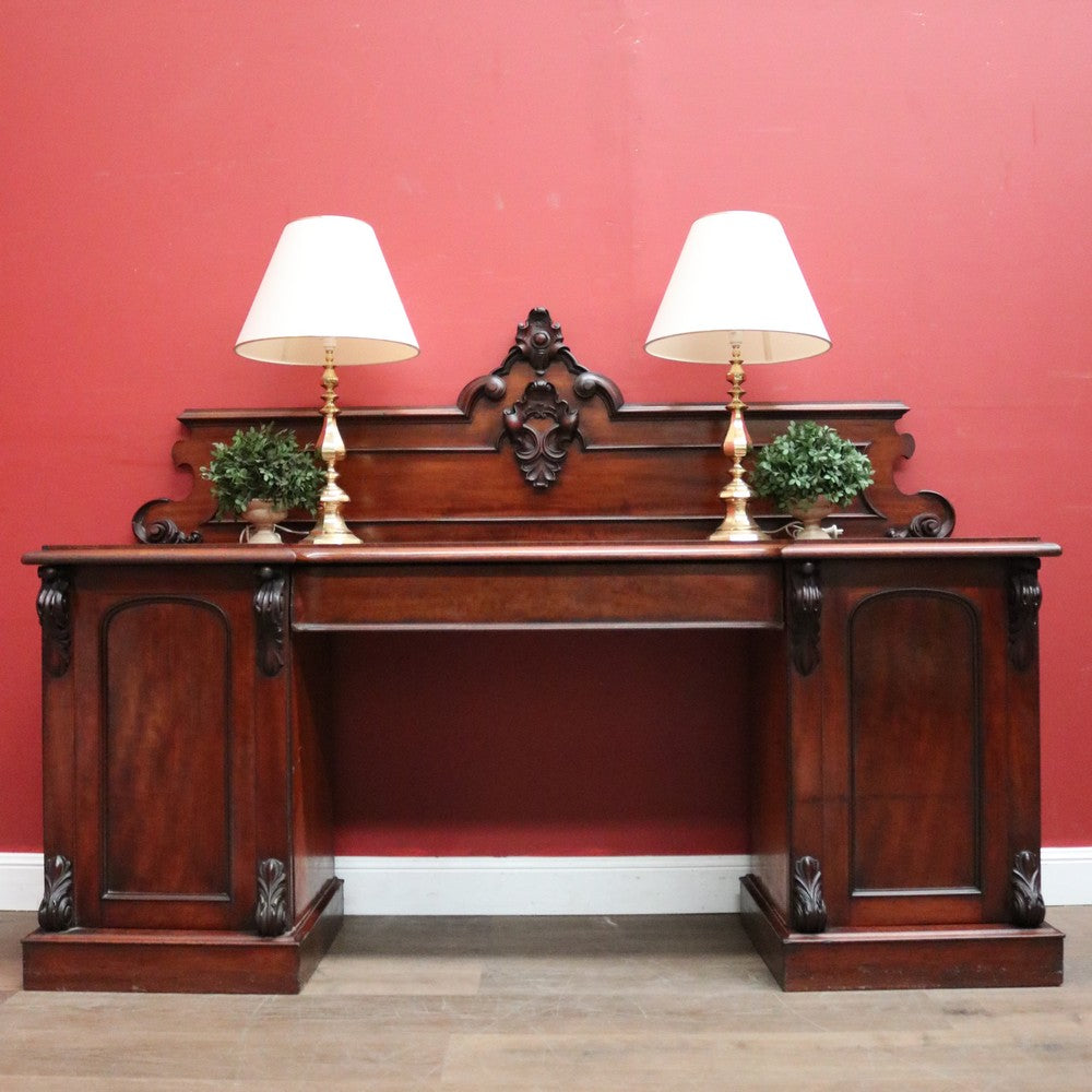 Antique English Mahogany Twin Pedestal Sideboard with Single Drawer and Backboard. B12432