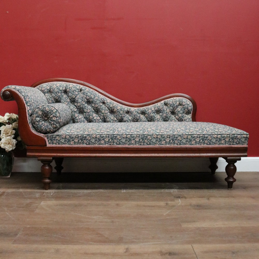 Antique Australian Cedar Chaise, Green Floral Fabric, Single Ended Chaise, Lounge, or Settee B12075