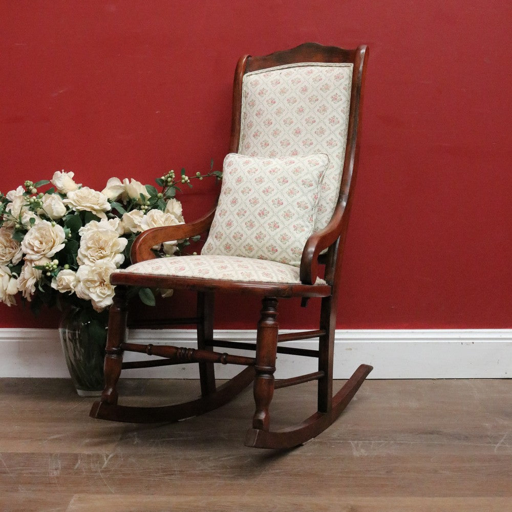 Vintage English Mahogany, Cream fabric with rose Floral detail Lades Rocking Chair. B12078