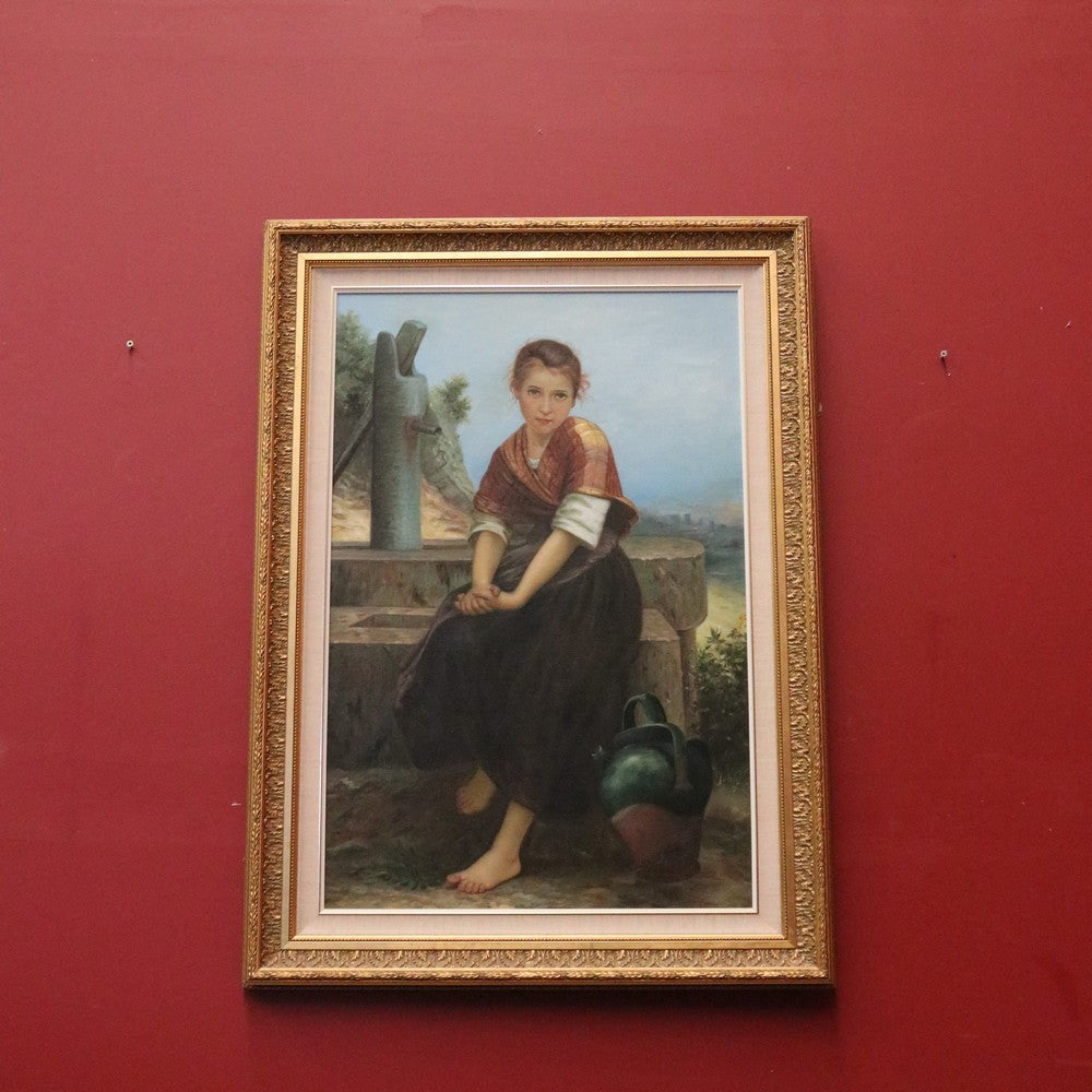 Framed Oil on Board, European Girl Sitting at the Well, Signed to the bottom right. B12070