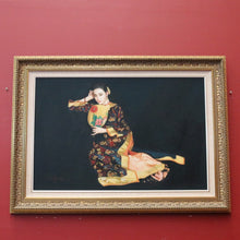 Load image into Gallery viewer, Oil on Board Chinese Woman with a Fan, in a gilt gold-coloured Frame. Chinese Girl. Signed May Lin.B12069
