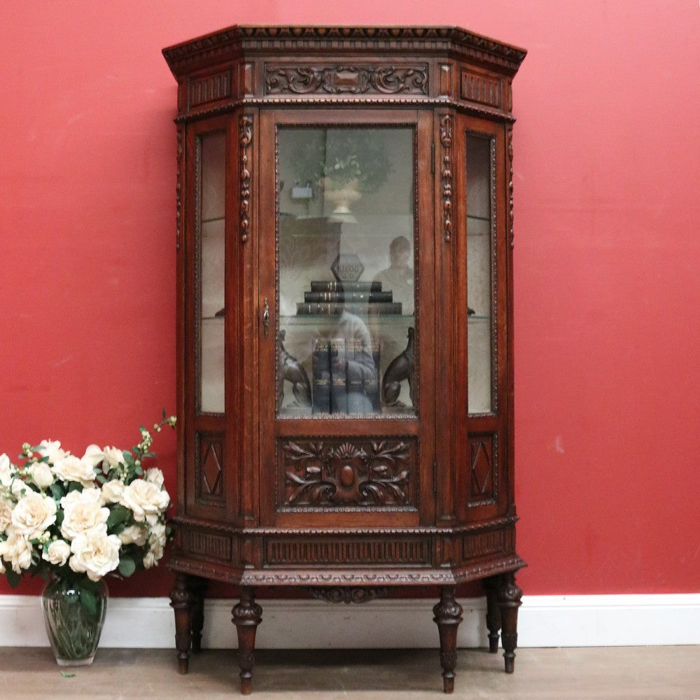 x SOLD Antique French China Cabinet, French Oak, Glass Shelves, Door and Sides, Key.