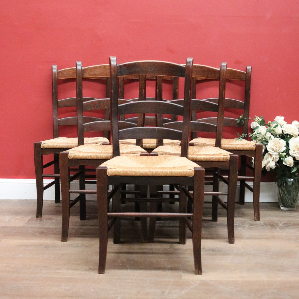 Antique Chairs, Set of Six Antique French Oak and Rush Ladder Back Kitchen or Dining Chairs. B11418