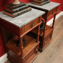 Load image into Gallery viewer, Antique French Oak and Marble Bedside Tables or Cupboards, Lamp side Tables. B12113
