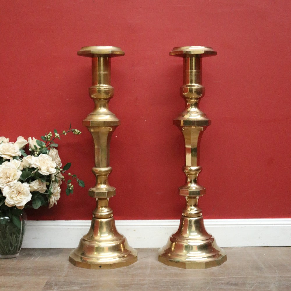 x SOLD Pair of Antique French Gothic Church Brass Gothic Candlestick Holders. B12109